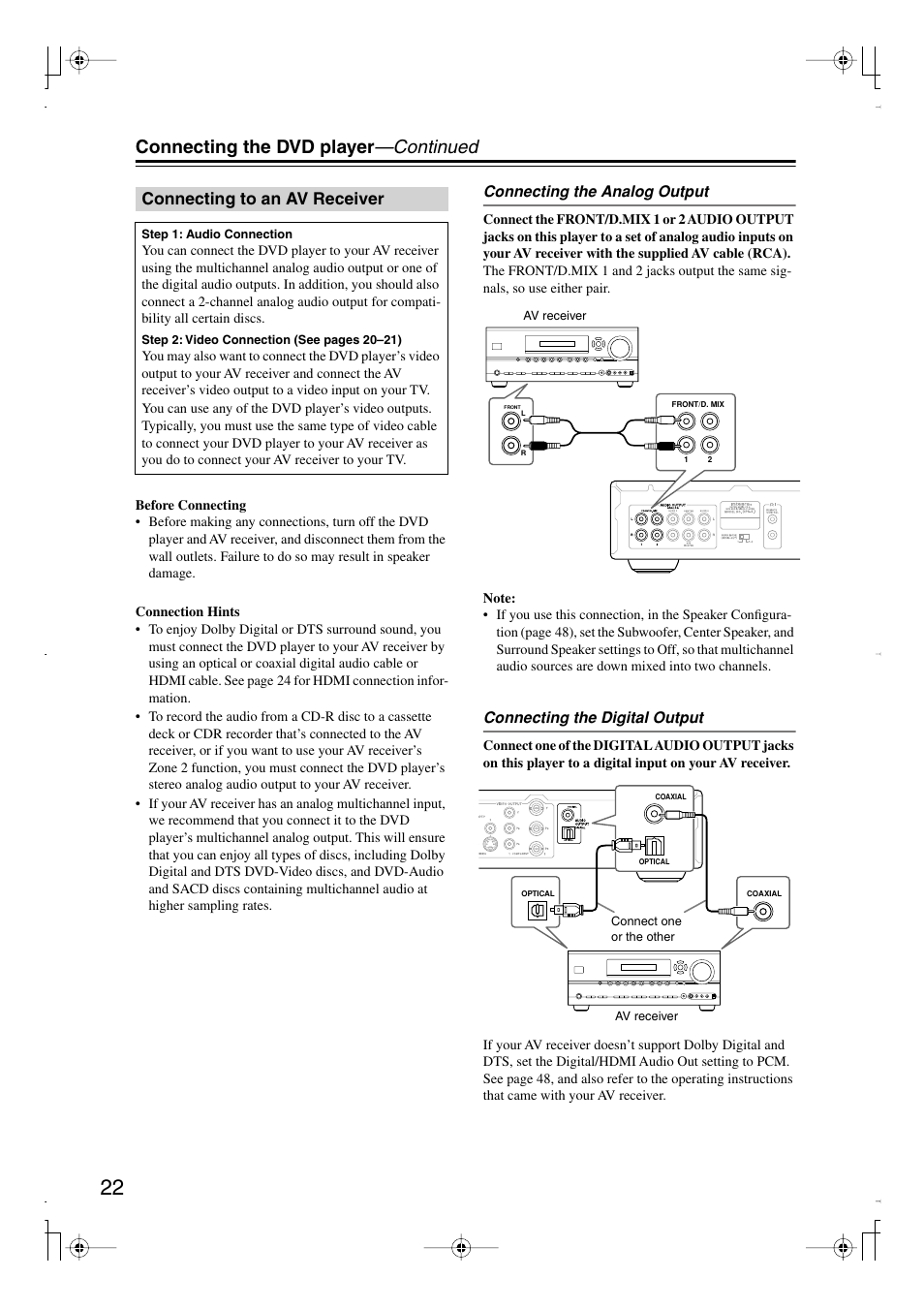 Connecting the dvd player —continued, Connecting to an av receiver | Integra DPS-6.7 User Manual | Page 22 / 64