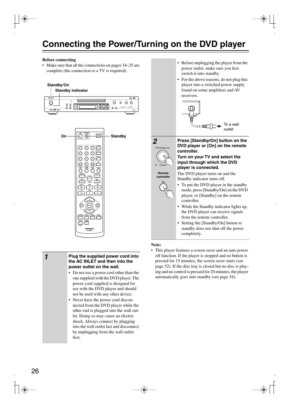 Connecting the power/turning on the dvd player | Integra DPS-6.7 User Manual | Page 26 / 64