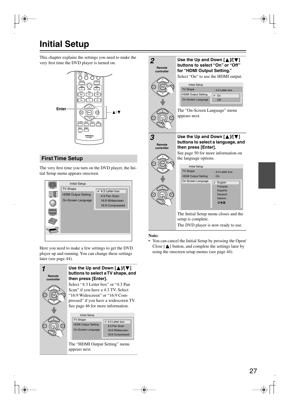 Initial setup, First time setup | Integra DPS-6.7 User Manual | Page 27 / 64