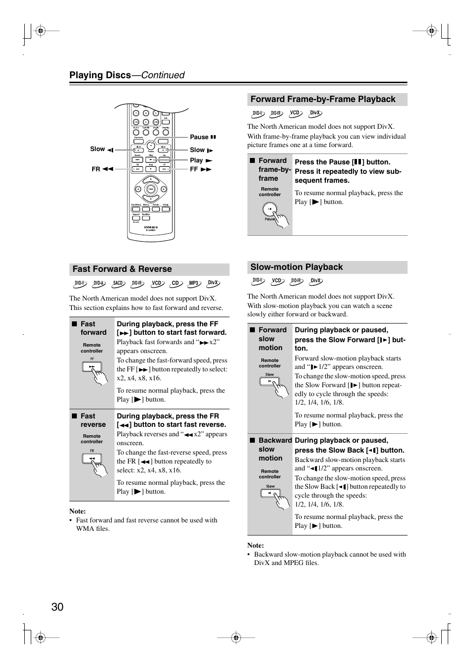 Playing discs —continued, Fast forward & reverse, Forward frame-by-frame playback | Slow-motion playback | Integra DPS-6.7 User Manual | Page 30 / 64