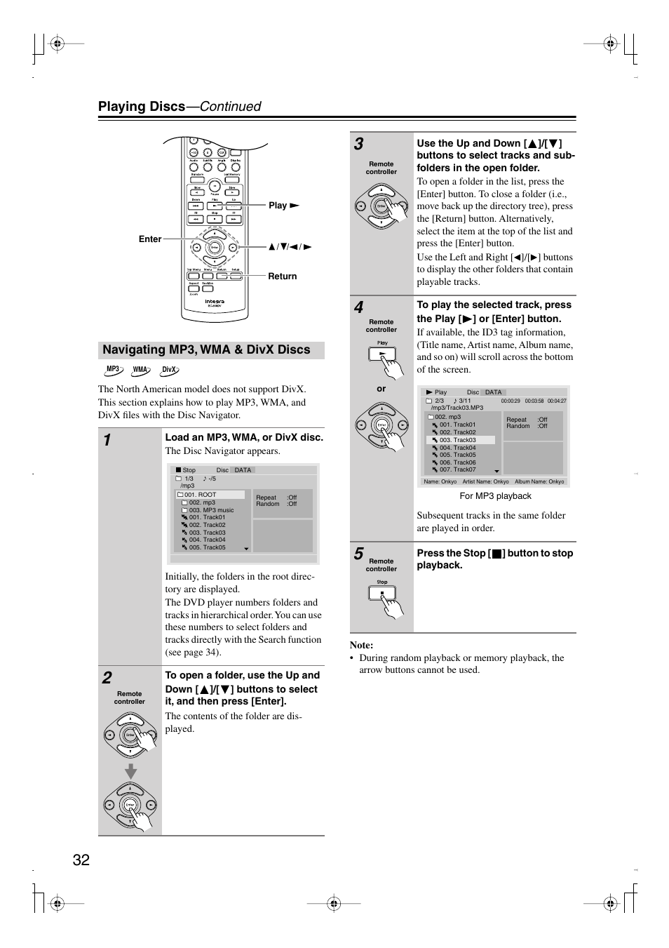 Playing discs —continued, Navigating mp3, wma & divx discs | Integra DPS-6.7 User Manual | Page 32 / 64