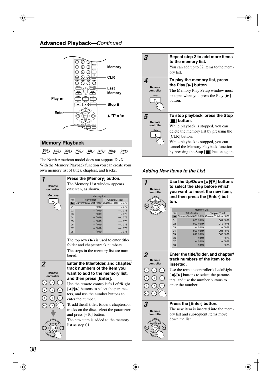 Advanced playback —continued, Adding new items to the list | Integra DPS-6.7 User Manual | Page 38 / 64