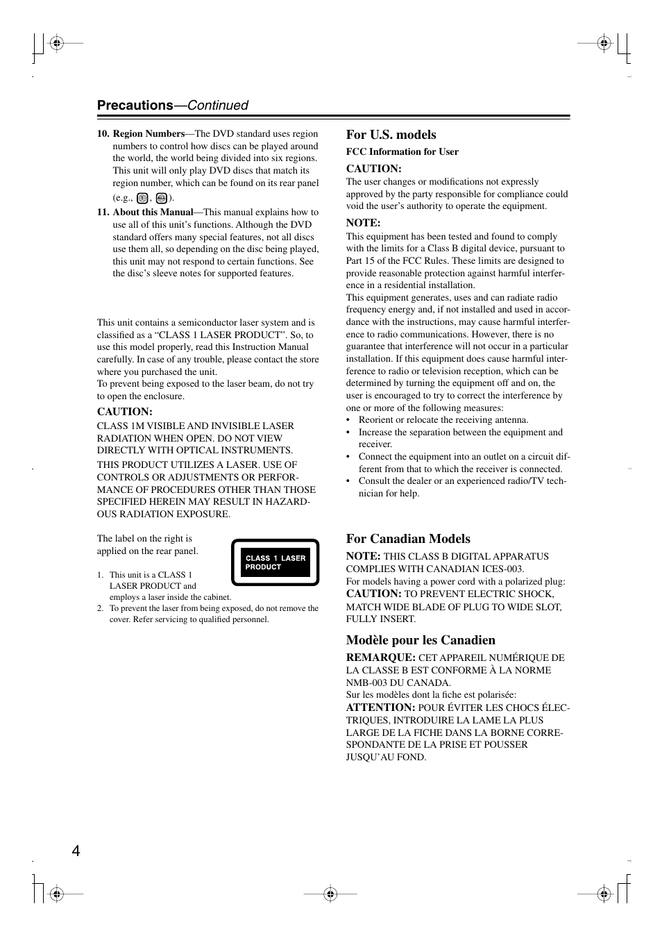 Precautions —continued, For u.s. models, For canadian models | Modèle pour les canadien | Integra DPS-6.7 User Manual | Page 4 / 64