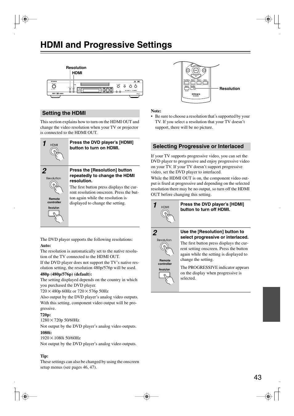 Hdmi and progressive settings | Integra DPS-6.7 User Manual | Page 43 / 64