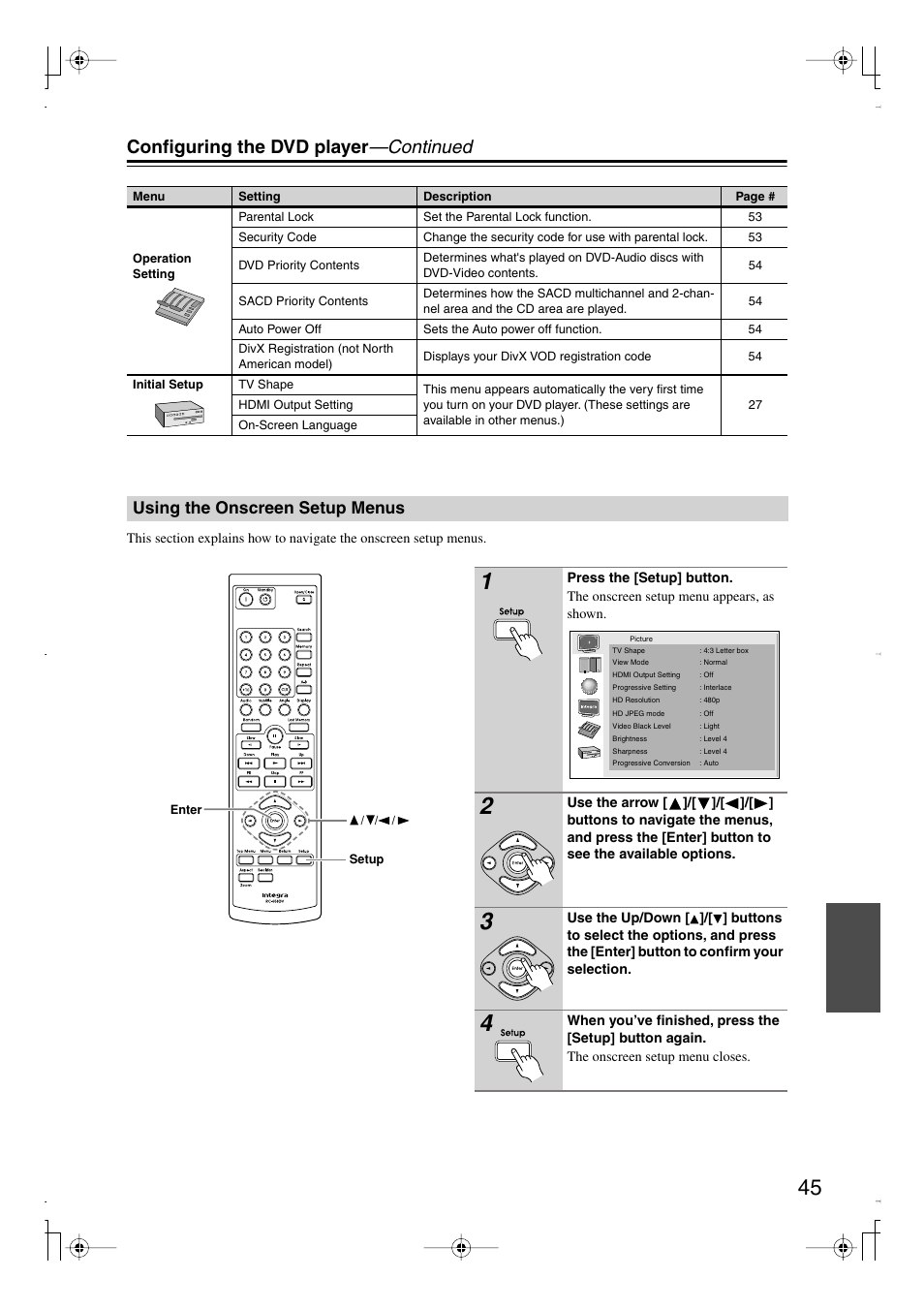 Configuring the dvd player —continued, Using the onscreen setup menus | Integra DPS-6.7 User Manual | Page 45 / 64