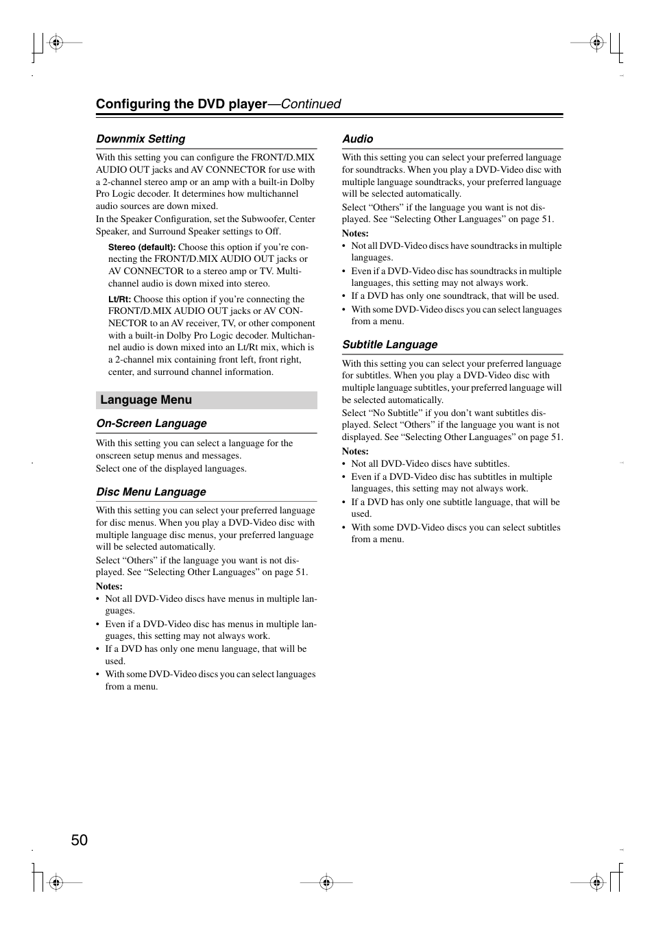 Configuring the dvd player —continued | Integra DPS-6.7 User Manual | Page 50 / 64