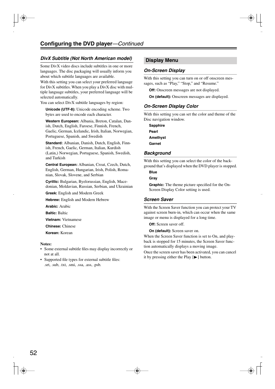 Configuring the dvd player —continued | Integra DPS-6.7 User Manual | Page 52 / 64