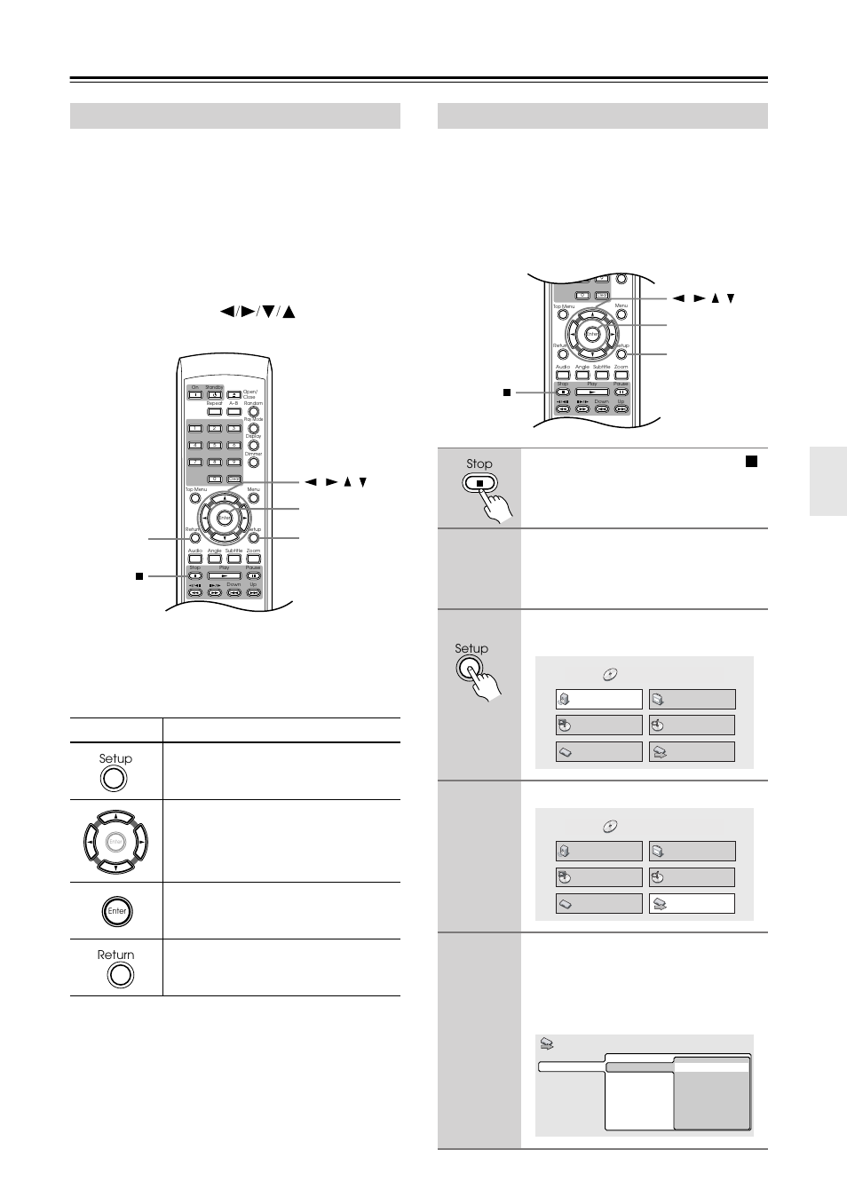 Getting started, Using the on-screen displays, Setting up with the setup navigator | If a disc is playing, press stop ( ), Press setup. the on-screen display (osd) appears, Select “setup navigator, Enter / / / setup return stop, Enter setup stop, Setup, Return | Integra DPS-5.4 User Manual | Page 23 / 60