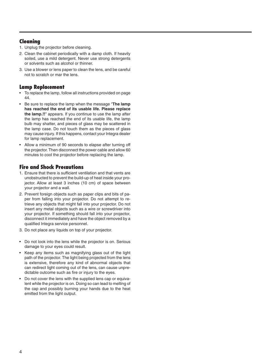 Cleaning, Lamp replacement, Fire and shock precautions | Integra DLV-100 User Manual | Page 4 / 52