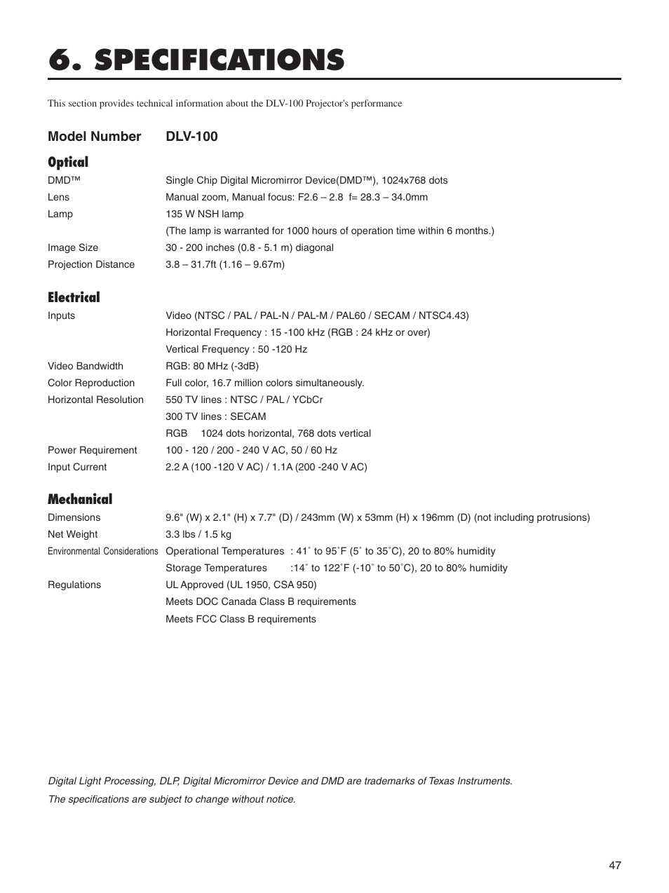 Specifications, Model number dlv-100 optical, Electrical | Mechanical | Integra DLV-100 User Manual | Page 47 / 52