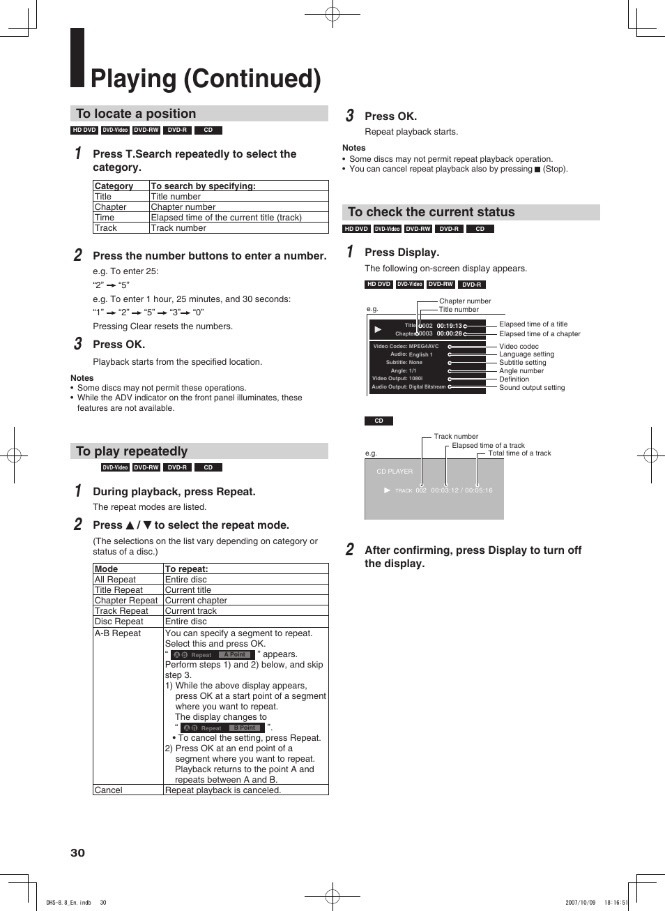 Playing (continued) | Integra DHS-8.8 User Manual | Page 30 / 52
