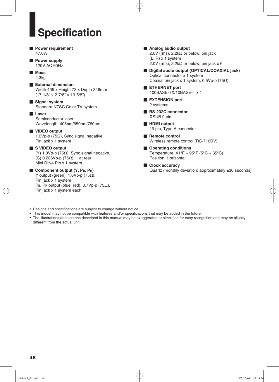 Specification | Integra DHS-8.8 User Manual | Page 48 / 52
