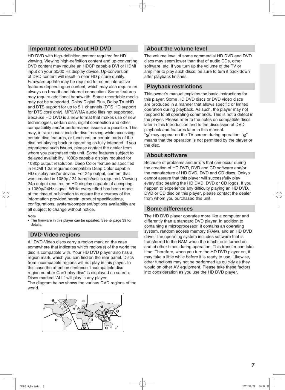 Dvd-video regions, About the volume level, Playback restrictions | About software, Some differences | Integra DHS-8.8 User Manual | Page 7 / 52