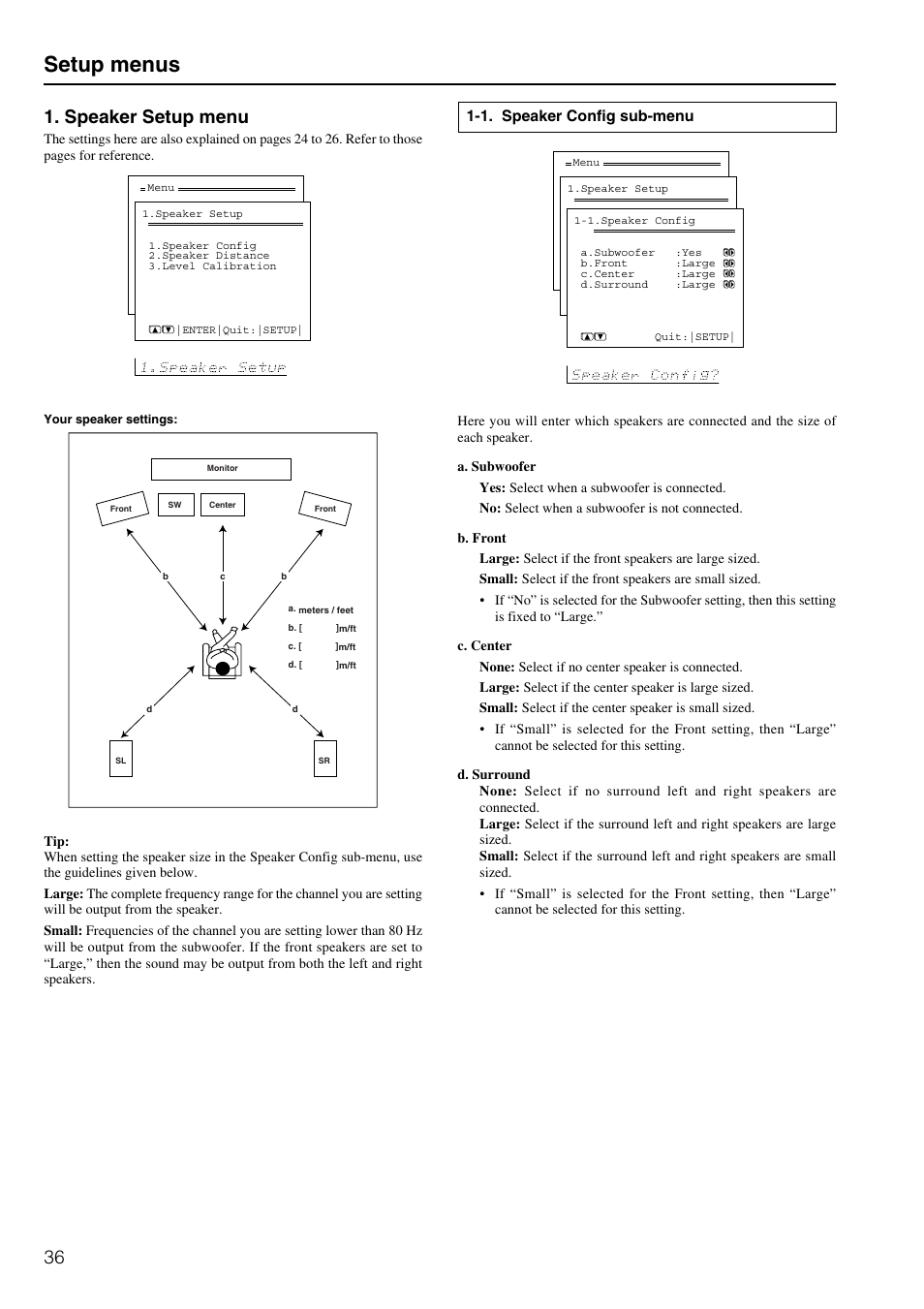 Setup menus, Speaker setup menu, 1. speaker config sub-menu | Integra DTR-6.2 User Manual | Page 36 / 64