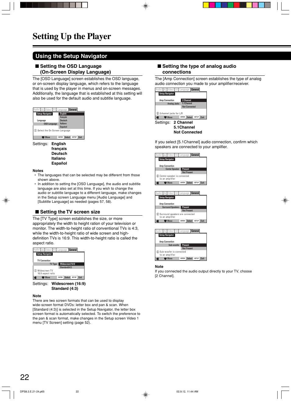 Setting up the player, Using the setup navigator, Setting the tv screen size | Setting the type of analog audio connections | Integra DPS-8.3 User Manual | Page 22 / 76