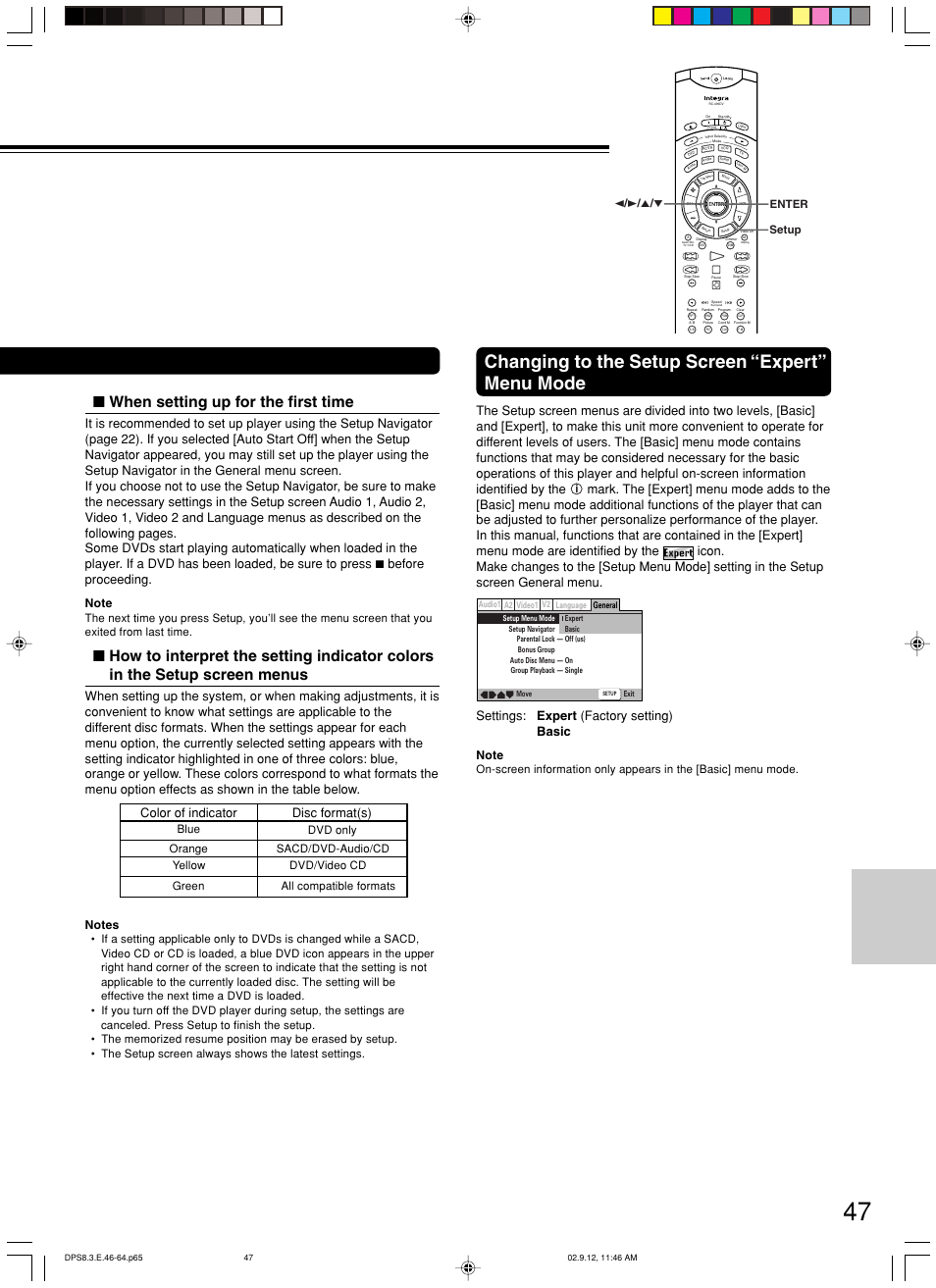 Changing to the setup screen “expert” menu mode, When setting up for the first time, Color of indicator disc format(s) | Settings: expert (factory setting) basic, Expert, 2 / 3 / 5 / ∞ enter setup yellow dvd/video cd | Integra DPS-8.3 User Manual | Page 47 / 76