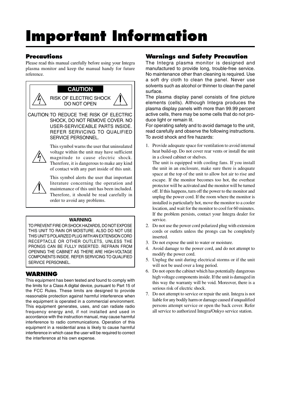 Important information | Integra PLA-50V1 User Manual | Page 2 / 57