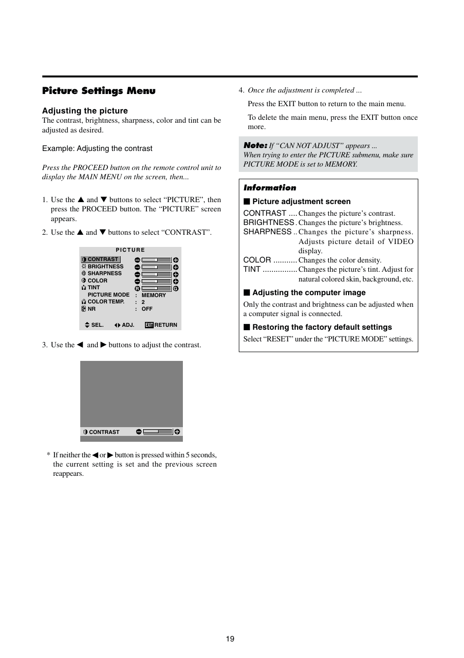 Picture settings menu | Integra PLA-50V1 User Manual | Page 25 / 57