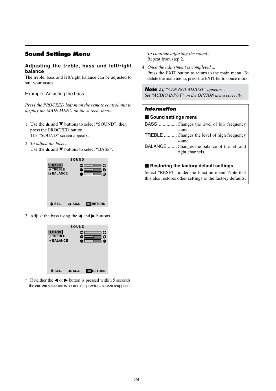 Sound settings menu | Integra PLA-50V1 User Manual | Page 30 / 57