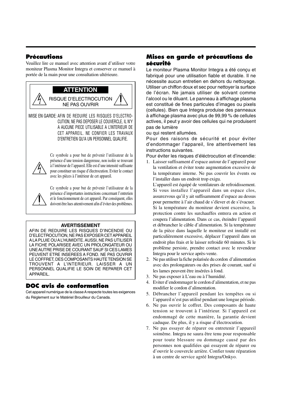 Attention | Integra PLA-50V1 User Manual | Page 4 / 57
