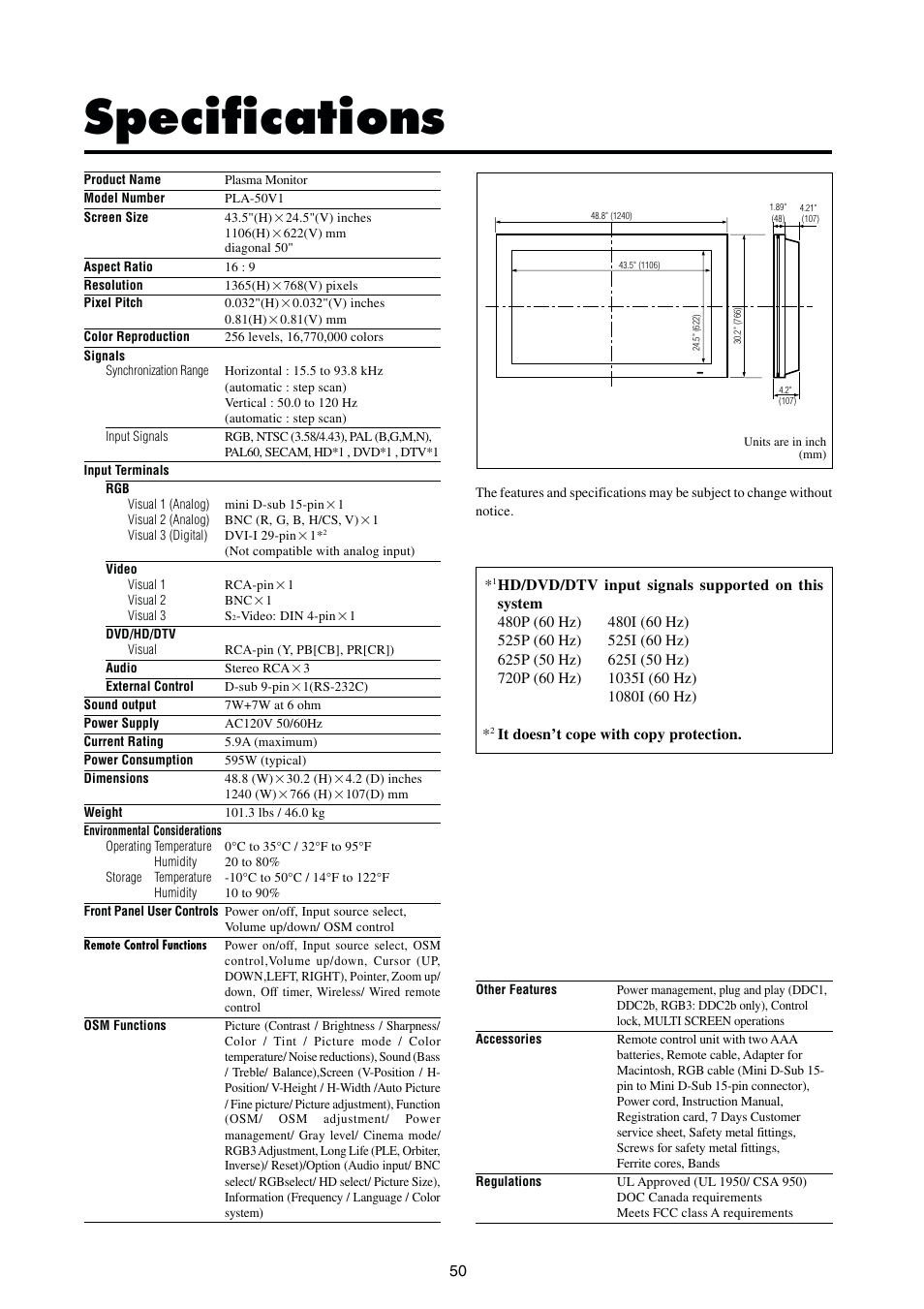 Specifications | Integra PLA-50V1 User Manual | Page 56 / 57