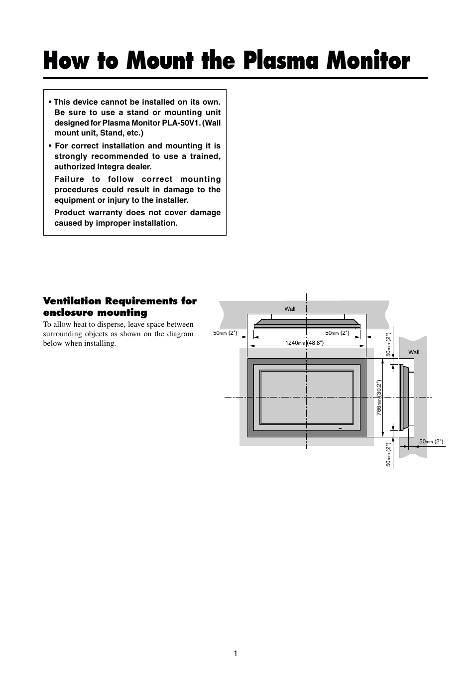 How to mount the plasma monitor, Ventilation requirements for enclosure mounting | Integra PLA-50V1 User Manual | Page 7 / 57