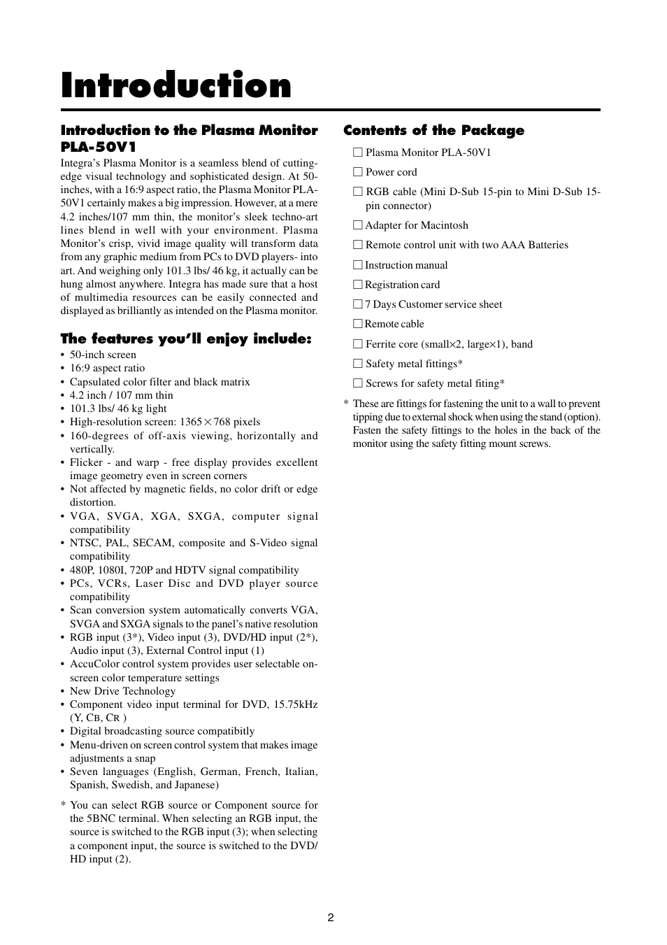 Introduction | Integra PLA-50V1 User Manual | Page 8 / 57