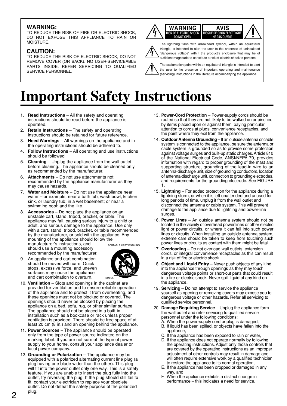 Important safety instructions, Warning, Caution | Avis | Integra DSR-7.3 User Manual | Page 2 / 88