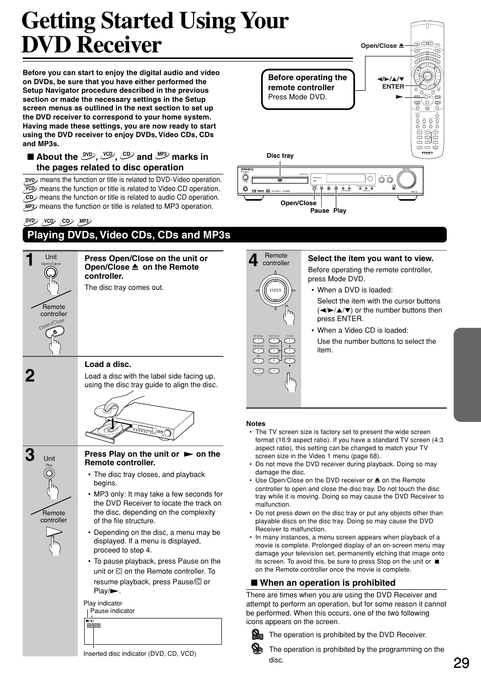 Getting started using your dvd receiver, Playing dvds, video cds, cds and mp3s, About the | Marks in the pages related to disc operation, When an operation is prohibited, Load a disc, Select the item you want to view, Before operating the remote controller, The disc tray comes out, Send | Integra DSR-7.3 User Manual | Page 29 / 88