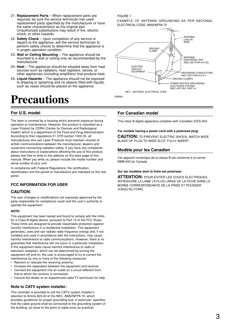 Precautions | Integra DSR-7.3 User Manual | Page 3 / 88