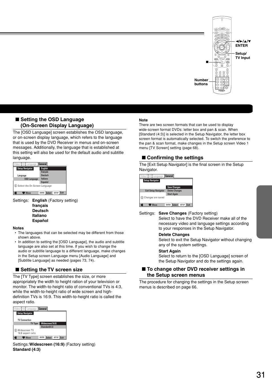 Setting the tv screen size, Confirming the settings, Send | General v2 language video1 | Integra DSR-7.3 User Manual | Page 31 / 88