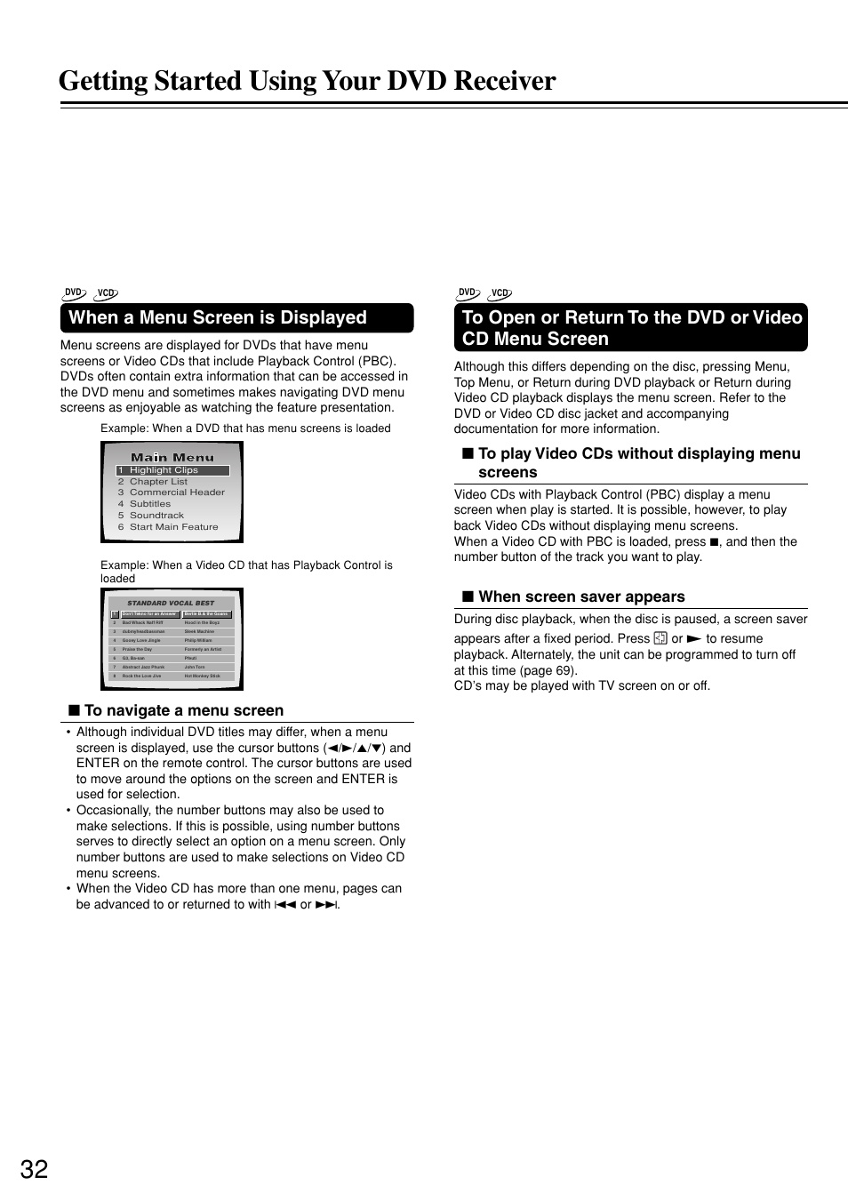 Getting started using your dvd receiver, When a menu screen is displayed, When screen saver appears | Integra DSR-7.3 User Manual | Page 32 / 88