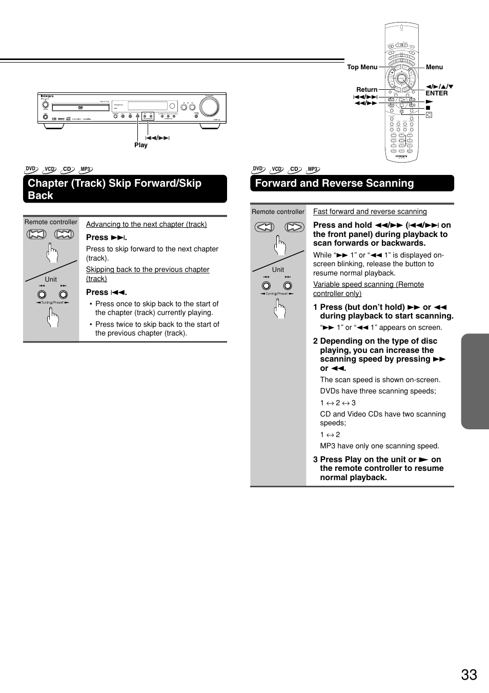 Chapter (track) skip forward/skip back, Forward and reverse scanning, Press | Press 4, Advancing to the next chapter (track), Send, Fast forward and reverse scanning, 1” or “1 1” appears on screen, Play 4, Remote controller unit remote controller unit | Integra DSR-7.3 User Manual | Page 33 / 88
