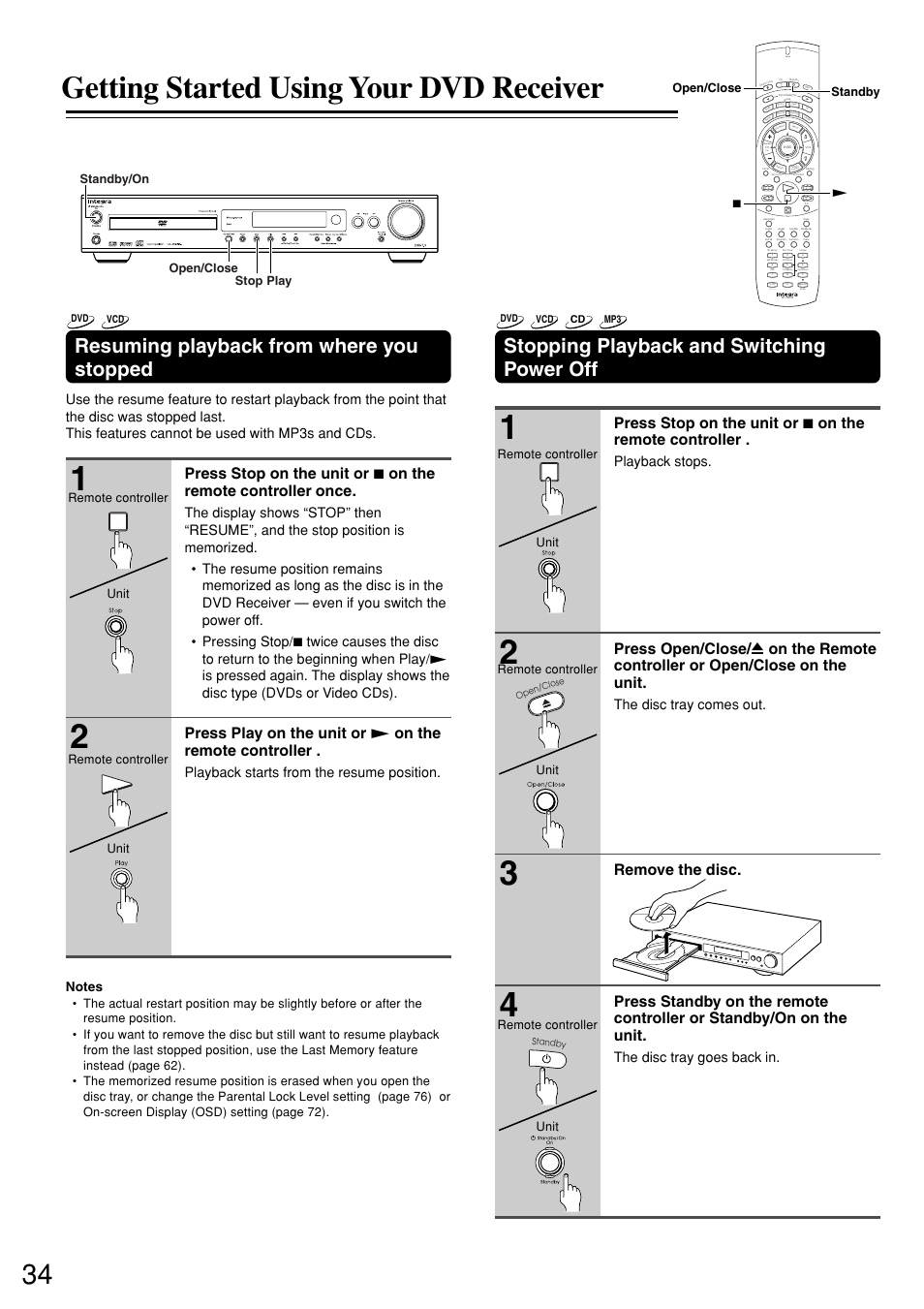 Getting started using your dvd receiver, Stopping playback and switching power off, Resuming playback from where you stopped | Playback stops, The disc tray comes out, The disc tray goes back in, Send, Playback starts from the resume position | Integra DSR-7.3 User Manual | Page 34 / 88