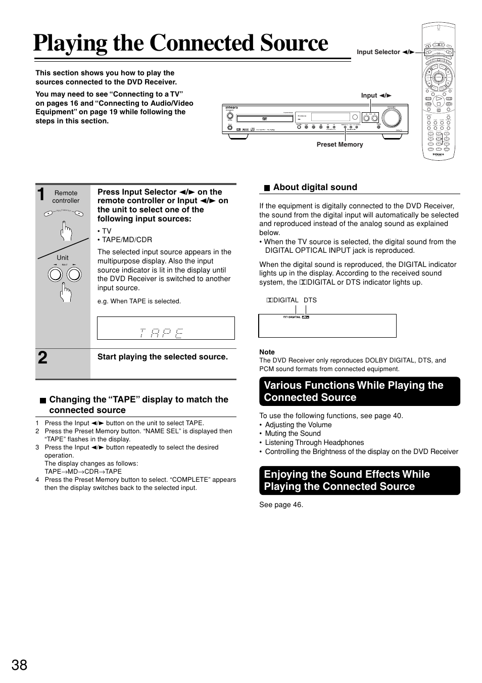 Playing the connected source, About digital sound, Start playing the selected source | See page 46, Send, E.g. when tape is selected, Input selector 2 / 3 unit | Integra DSR-7.3 User Manual | Page 38 / 88