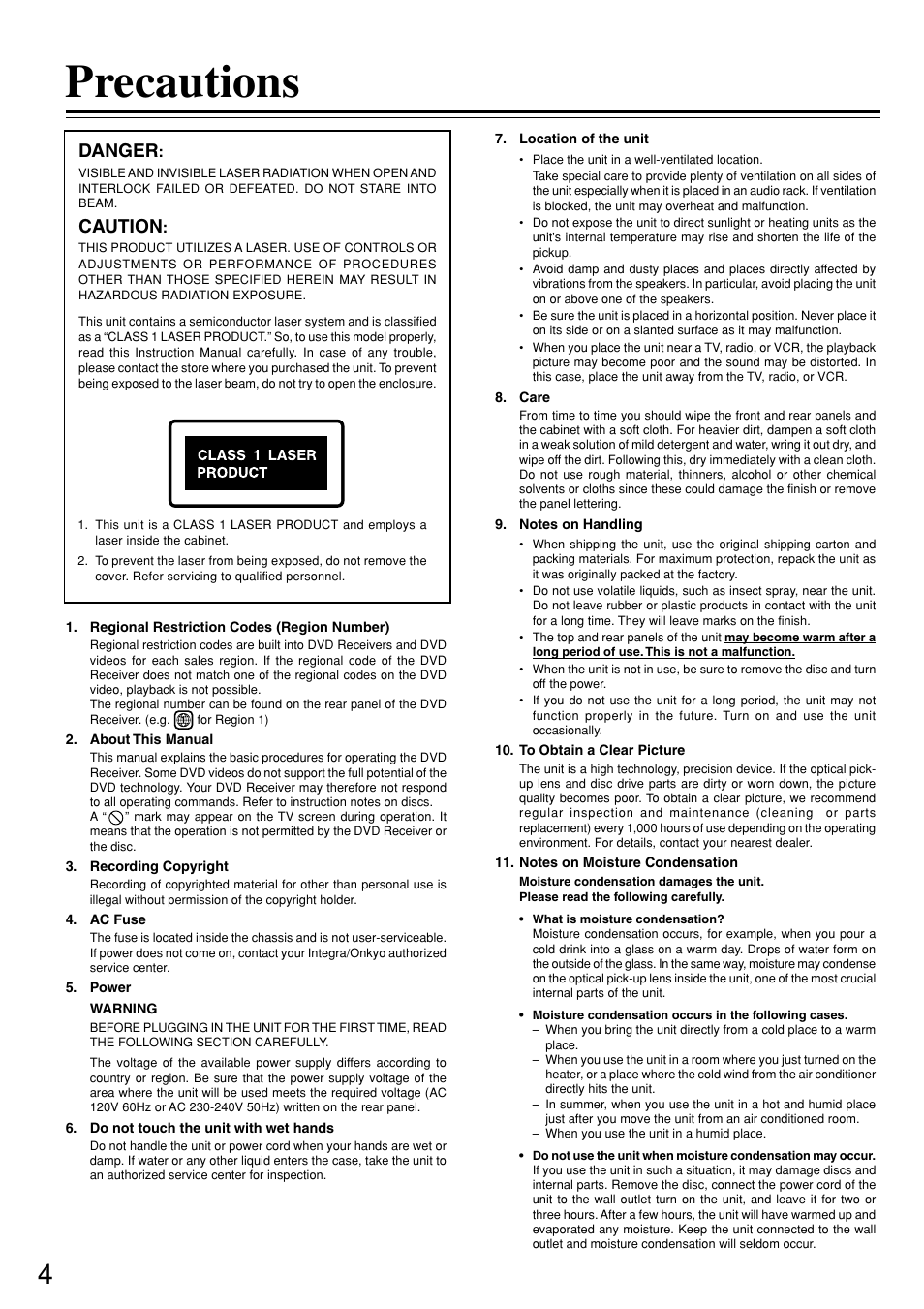 Precautions, Danger, Caution | Integra DSR-7.3 User Manual | Page 4 / 88