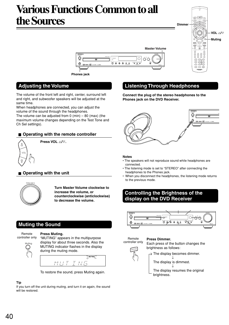 Various functions common to all the sources, Adjusting the volume, Muting the sound | Listening through headphones, Operating with the remote controller, Operating with the unit, Press vol % / ﬁ, Send, Remote controller only, Dimmer muting vol % / ﬁ master volume | Integra DSR-7.3 User Manual | Page 40 / 88