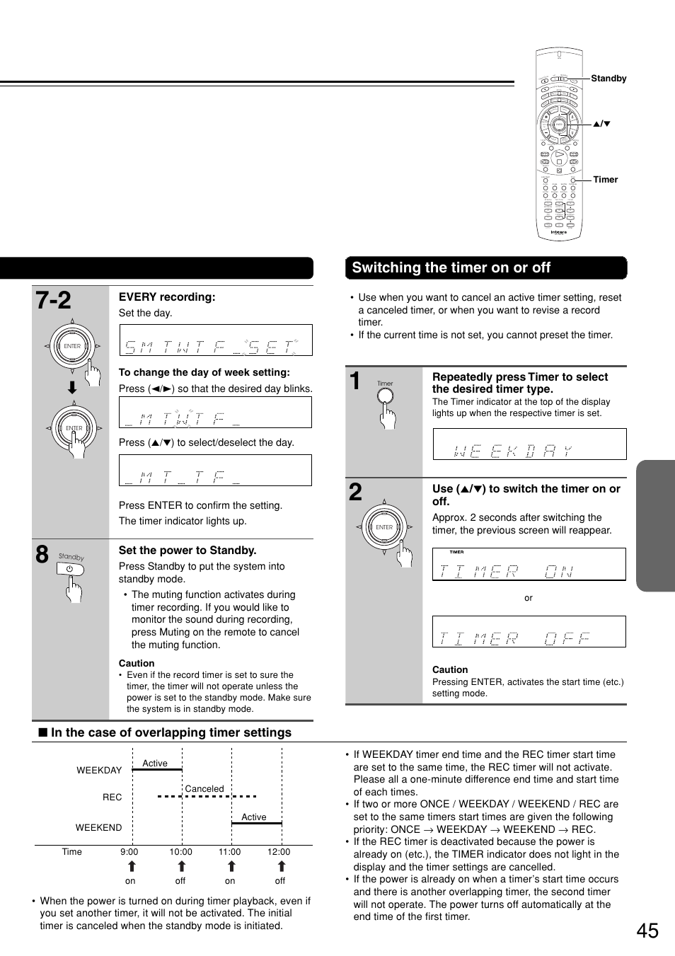 Switching the timer on or off, Use ( 5 / ∞ ) to switch the timer on or off, Every recording | Set the power to standby, Send, Caution, Timer standby 5 | Integra DSR-7.3 User Manual | Page 45 / 88