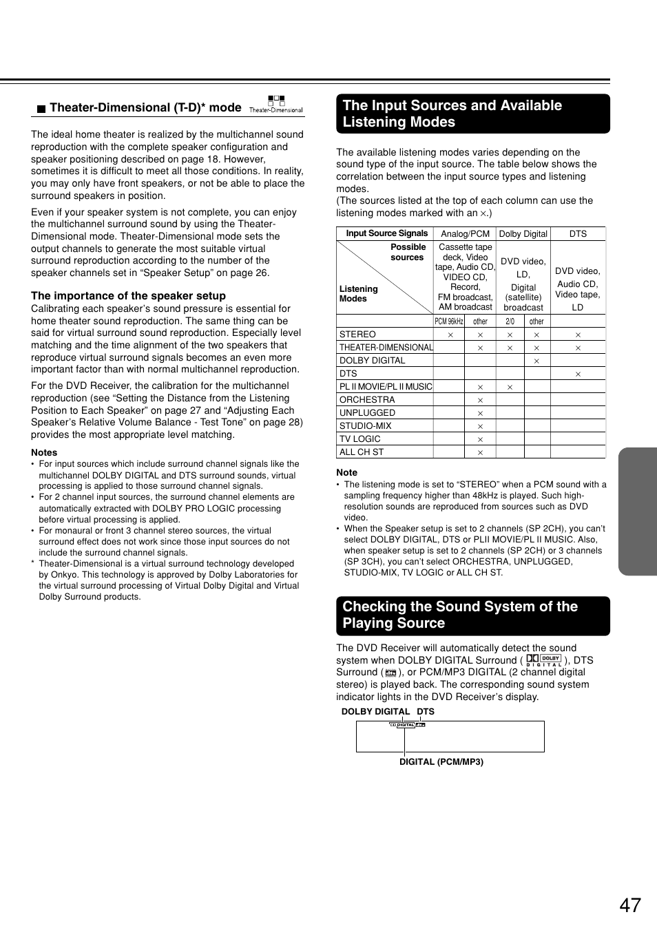 The input sources and available listening modes, Checking the sound system of the playing source, Theater-dimensional (t-d)* mode | Integra DSR-7.3 User Manual | Page 47 / 88