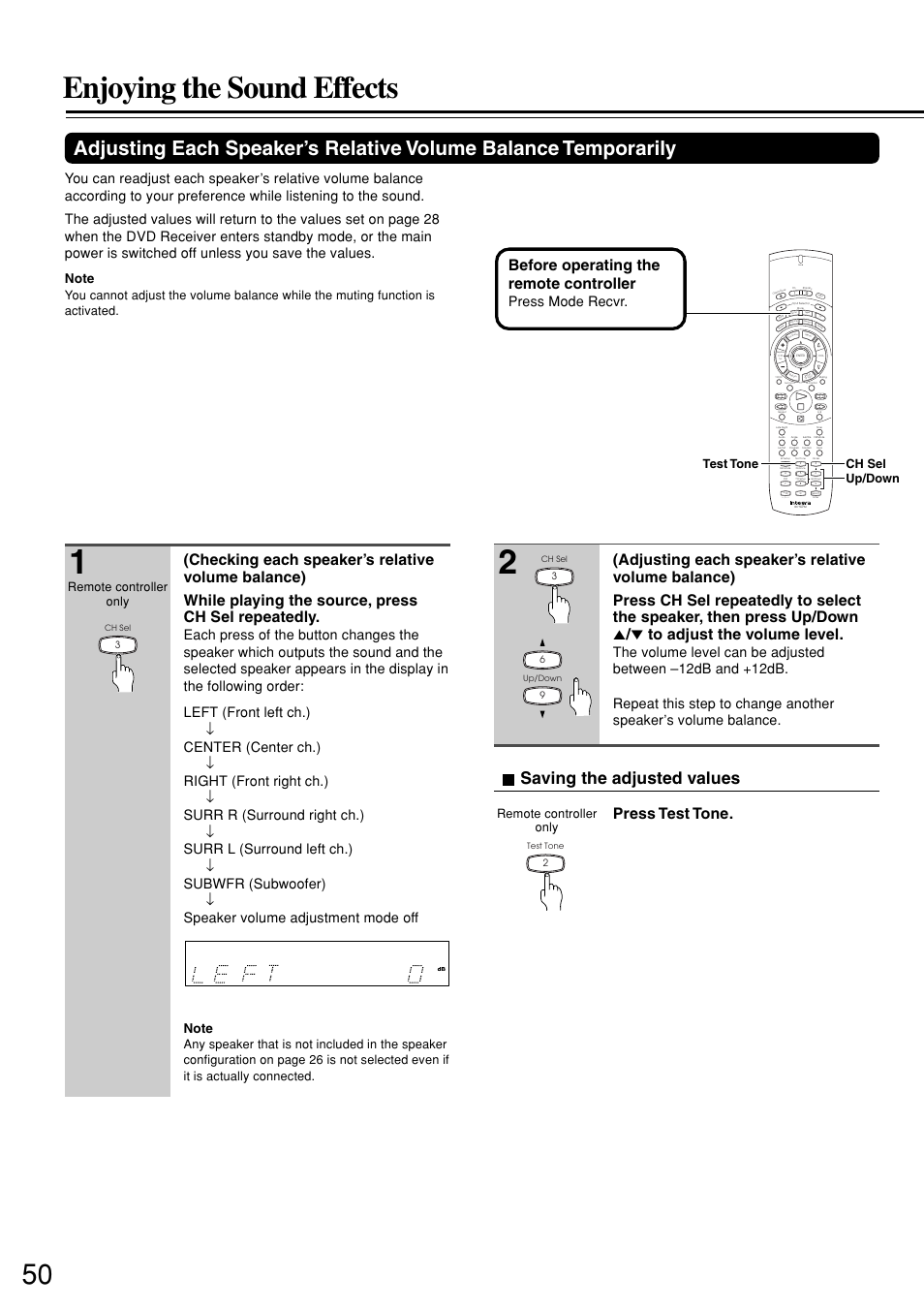 Enjoying the sound effects, Saving the adjusted values, Before operating the remote controller | Send, Press mode recvr, Up/down test tone ch sel, Remote controller only remote controller only | Integra DSR-7.3 User Manual | Page 50 / 88