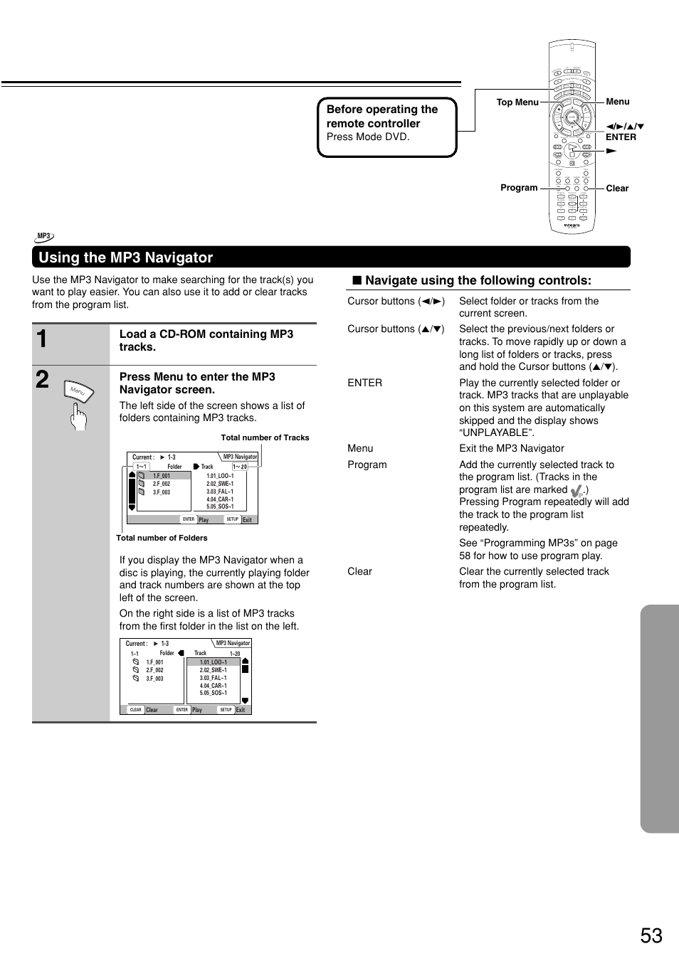 Using the mp3 navigator, Navigate using the following controls, Before operating the remote controller | Send, Press mode dvd, 2 / 3 / 5 / ∞ enter £ clear menu program top menu, Total number of tracks total number of folders | Integra DSR-7.3 User Manual | Page 53 / 88