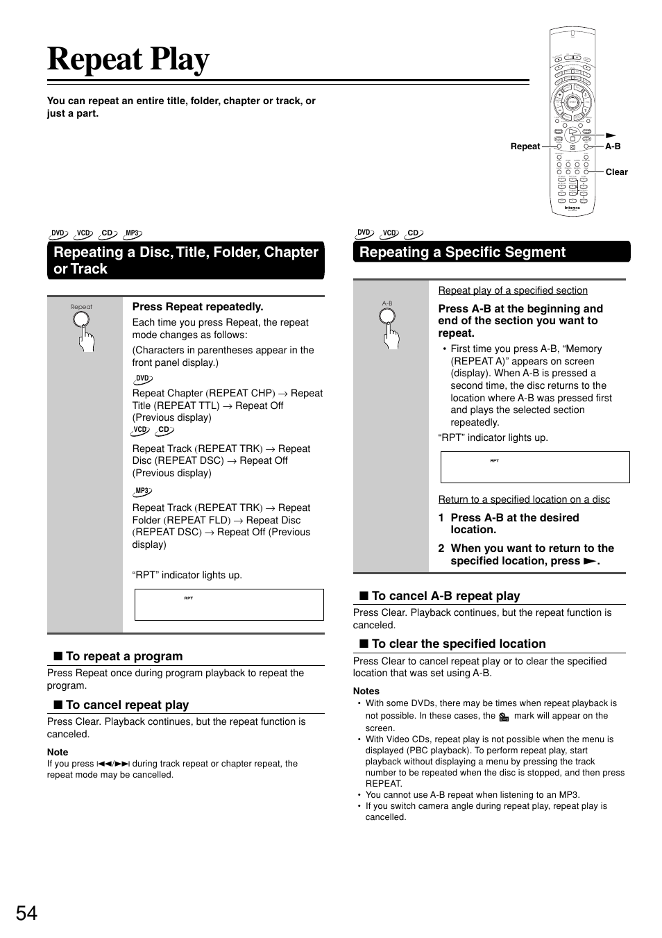 Repeat play, Repeating a disc, title, folder, chapter or track, Repeating a specific segment | Press repeat repeatedly, Send, Repeat clear a-b | Integra DSR-7.3 User Manual | Page 54 / 88