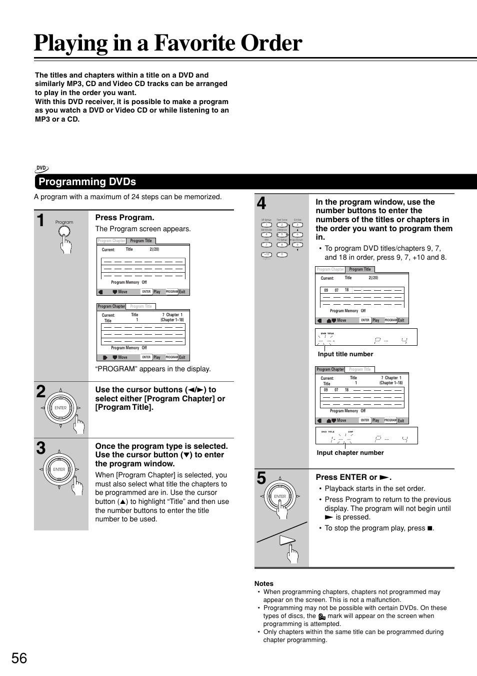 Playing in a favorite order, Programming dvds, Press program | Press enter or | Integra DSR-7.3 User Manual | Page 56 / 88