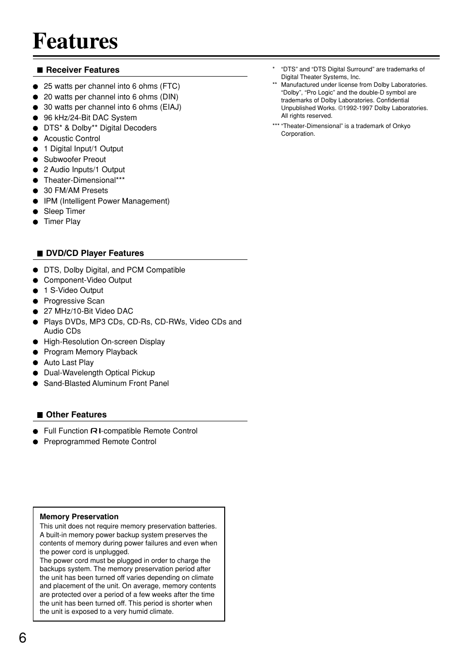 Features | Integra DSR-7.3 User Manual | Page 6 / 88