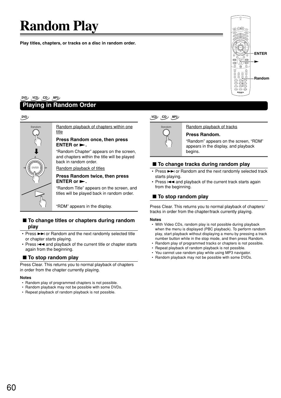 Random play, Playing in random order, Press random once, then press enter or | Press random twice, then press enter or, Press random, Random playback of chapters within one title, Random enter | Integra DSR-7.3 User Manual | Page 60 / 88