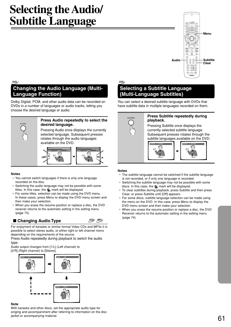 Selecting the audio/ subtitle language, Changing audio type, Press subtitle repeatedly during playback | Send, Menu clear subtitle audio | Integra DSR-7.3 User Manual | Page 61 / 88