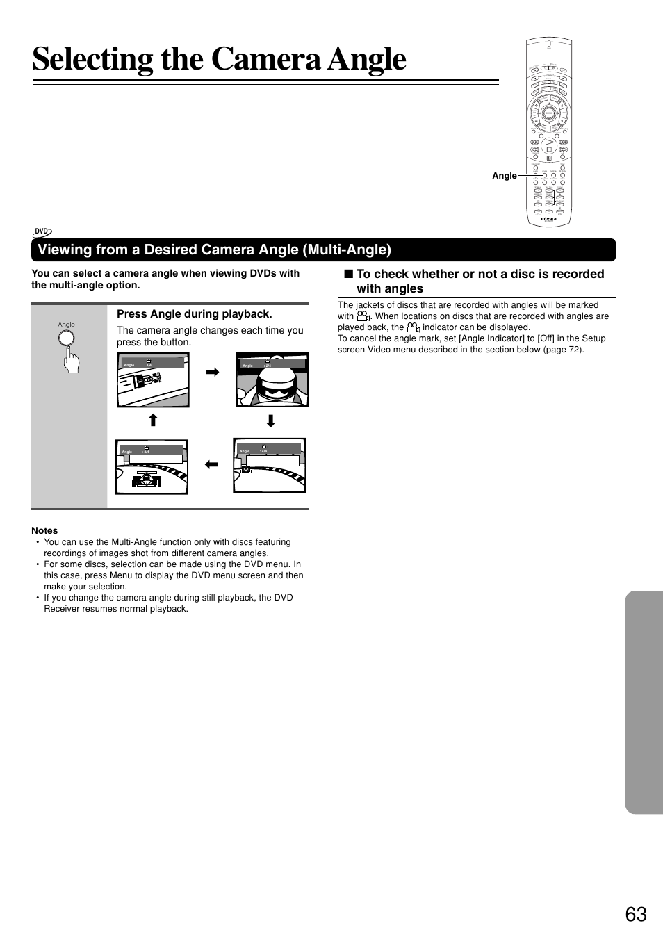 Selecting the camera angle, Viewing from a desired camera angle (multi-angle), Press angle during playback | Send, Angle | Integra DSR-7.3 User Manual | Page 63 / 88