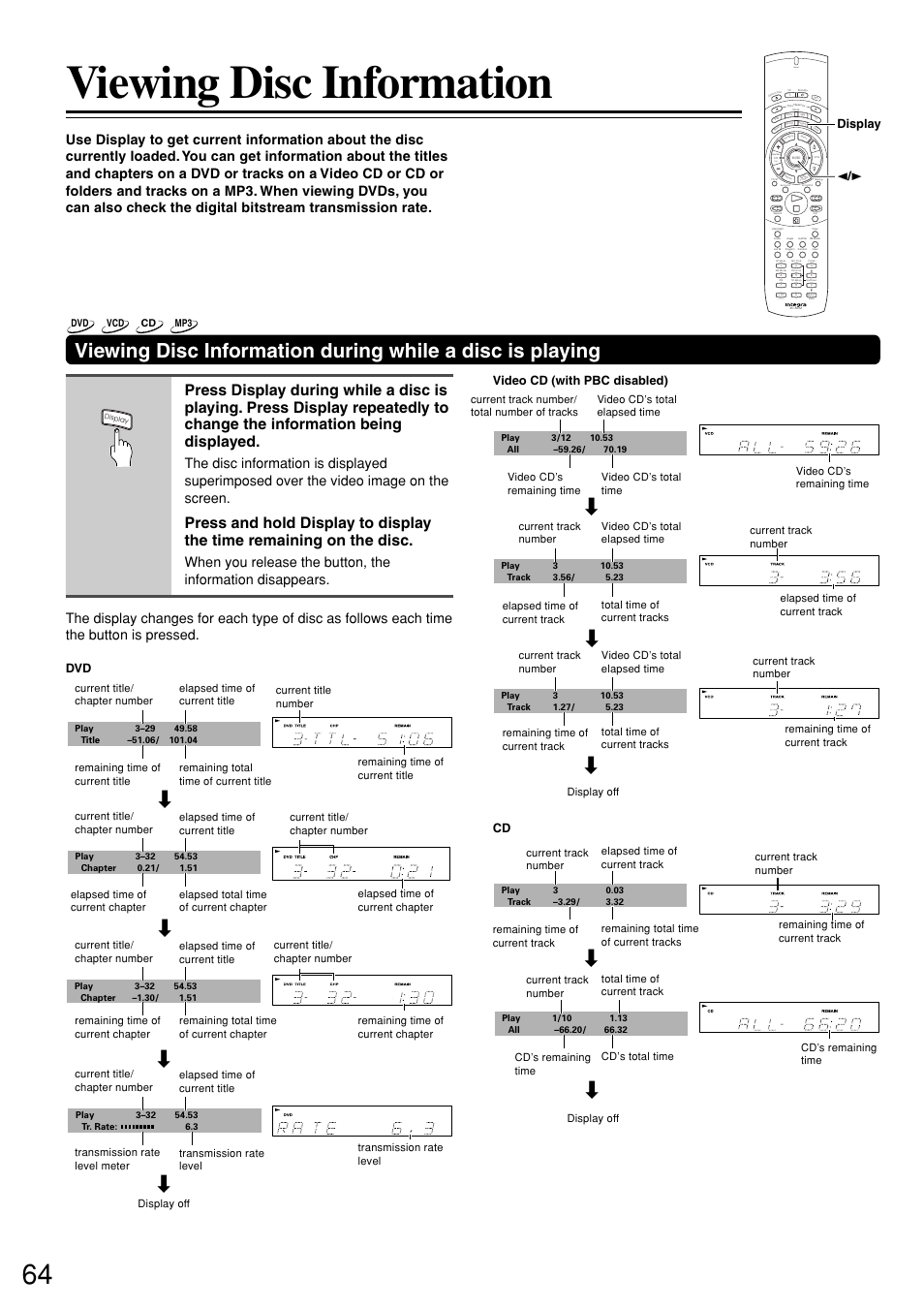 Viewing disc information, Send, Video cd (with pbc disabled) | Display 2 / 3 | Integra DSR-7.3 User Manual | Page 64 / 88