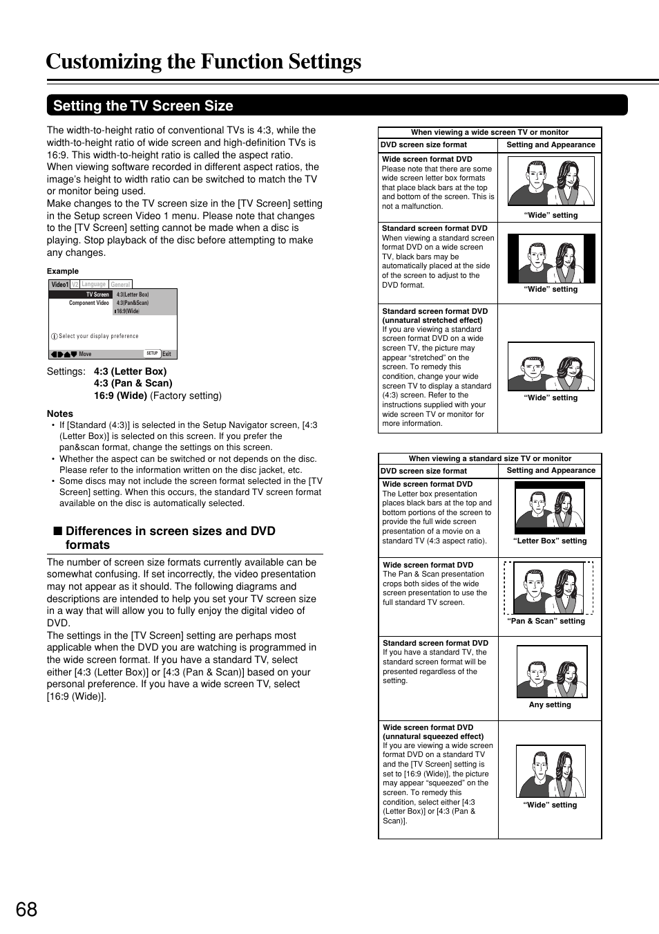 Customizing the function settings, Setting the tv screen size, Differences in screen sizes and dvd formats | Integra DSR-7.3 User Manual | Page 68 / 88