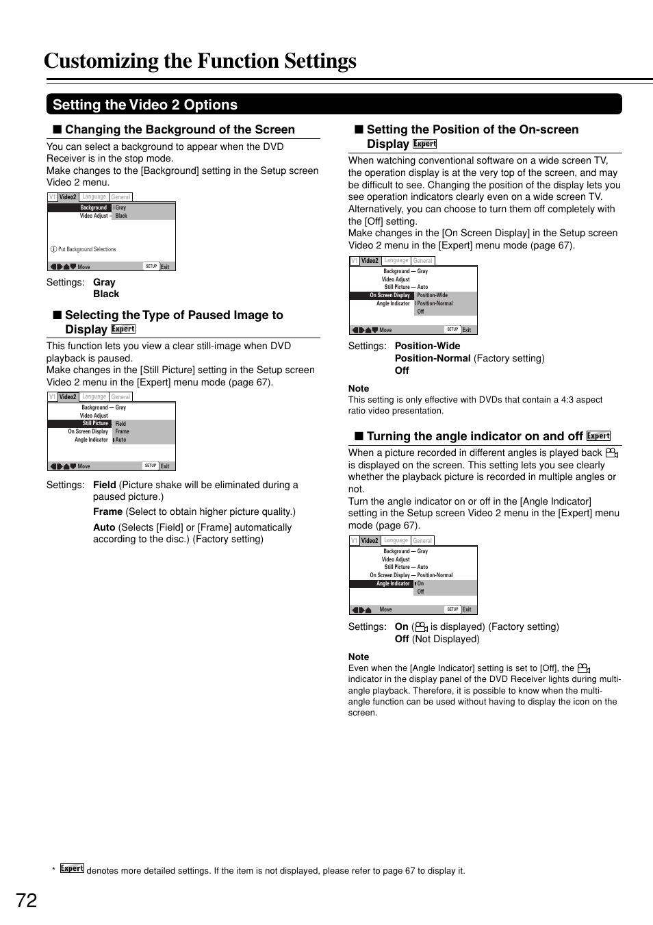 Customizing the function settings, Setting the video 2 options, Changing the background of the screen | Selecting the type of paused image to display, Setting the position of the on-screen display, Turning the angle indicator on and off | Integra DSR-7.3 User Manual | Page 72 / 88